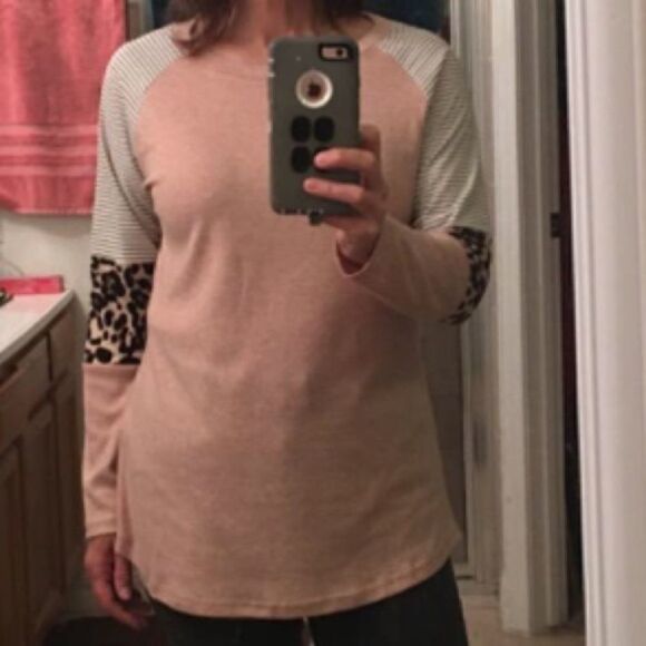 Boho Long Sleeve Leopard Color Block Tunic Shirt Top - Picture 7 of 7